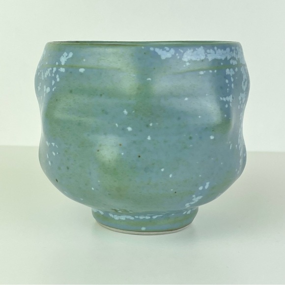 Organic Shape Freeform Pottery Cup Vase Artist Stamped H Blue Green Pedestal Bud - Picture 8 of 16